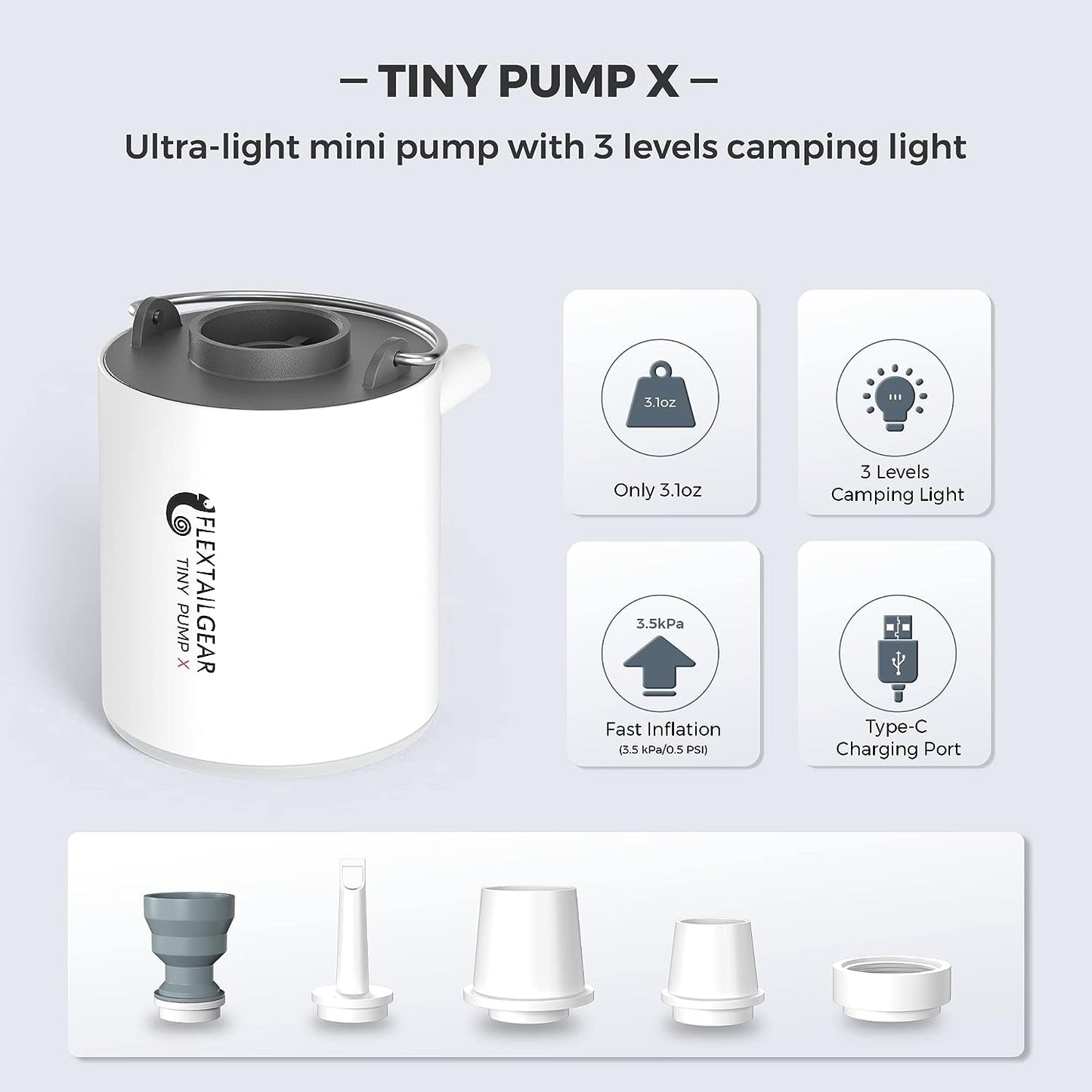 FLEXTAILGEAR Tiny Pump X Portable Air Pump+ Camping Light Ultra-Mini Air Pump